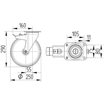 Roata pivotanta cu frana fi 250 4687ITP250P63 Tente RulStore
