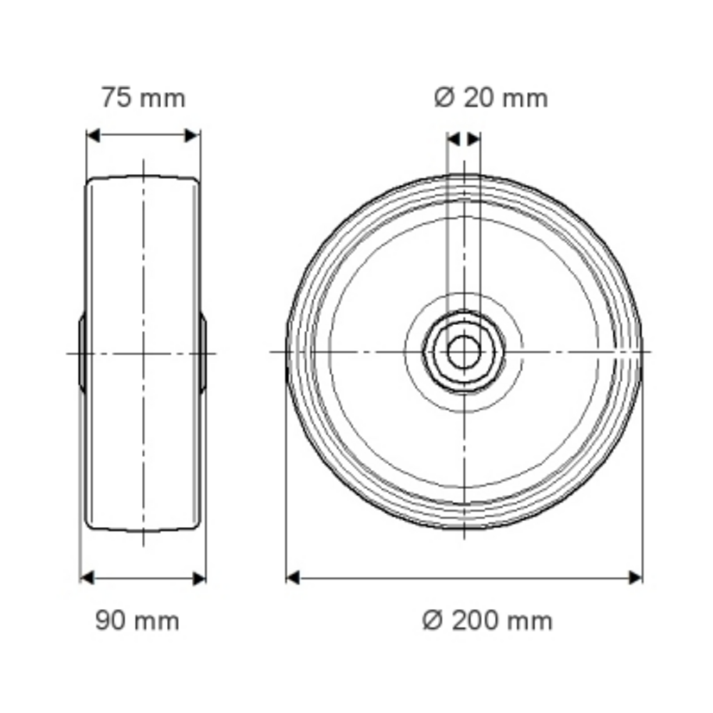 Roata Simpla Cauciuc | 200x75x20 mm (FVP200X75-fi20)