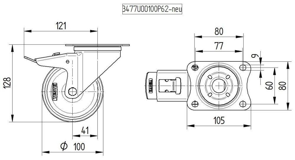 Roata pivotanta cu frana fi 100 3477ITP100P62 Tente RulStore