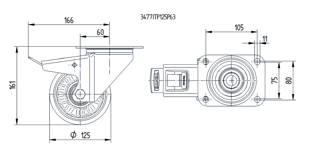 Roata pivotanta cu frana fi 125 3477ITP125P63 Tente RulStore