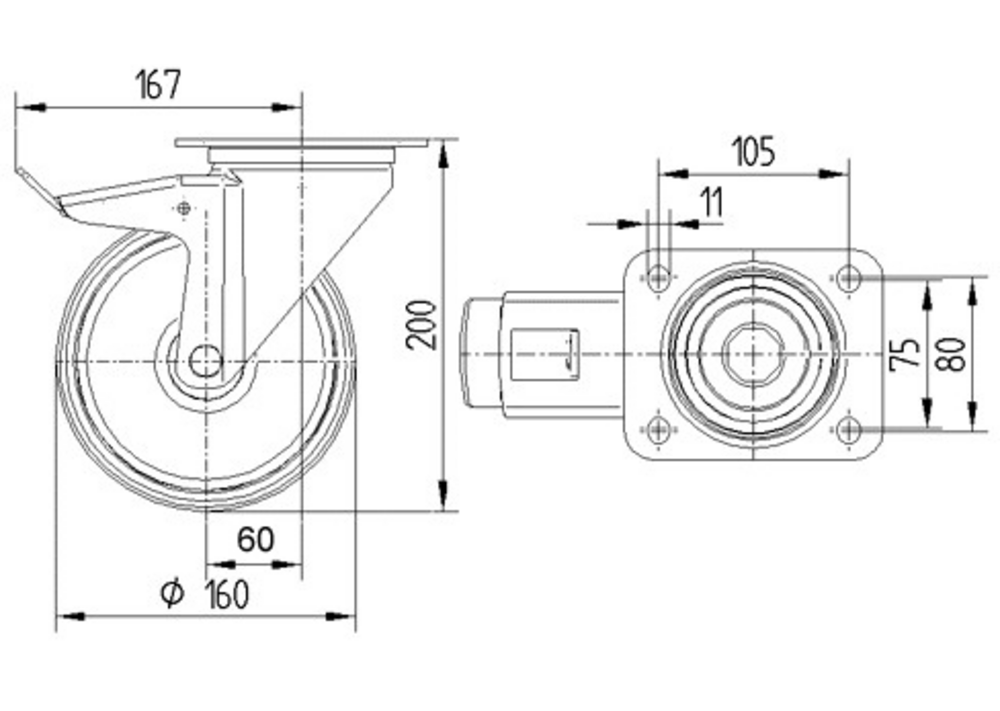 Roata pivotanta cu frana fi 160 3477UFR160P63 Tente RulStore