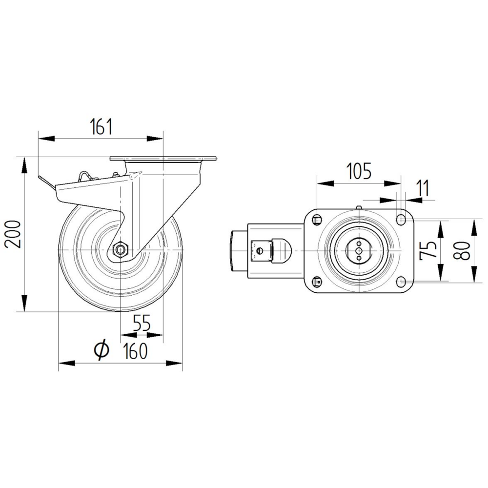 Roata pivotanta cu frana fi 160 4687ITP160P63 Tente RulStore