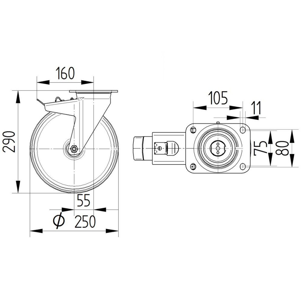 Roata pivotanta cu frana fi 250 4687ITP250P63 Tente RulStore