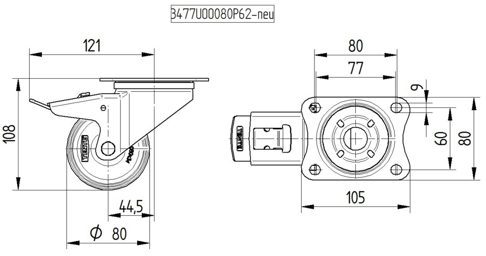 Roata pivotanta cu frana fi 80 3477UOO080P62 Tente RulStore