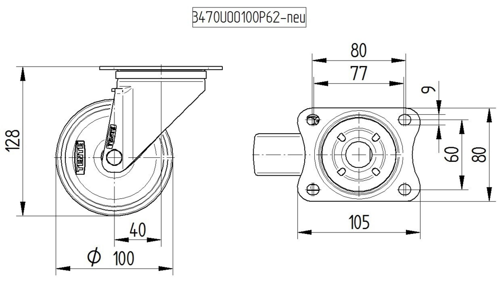 Roata pivotanta fi 100 3470UOO100P62 Tente RulStore